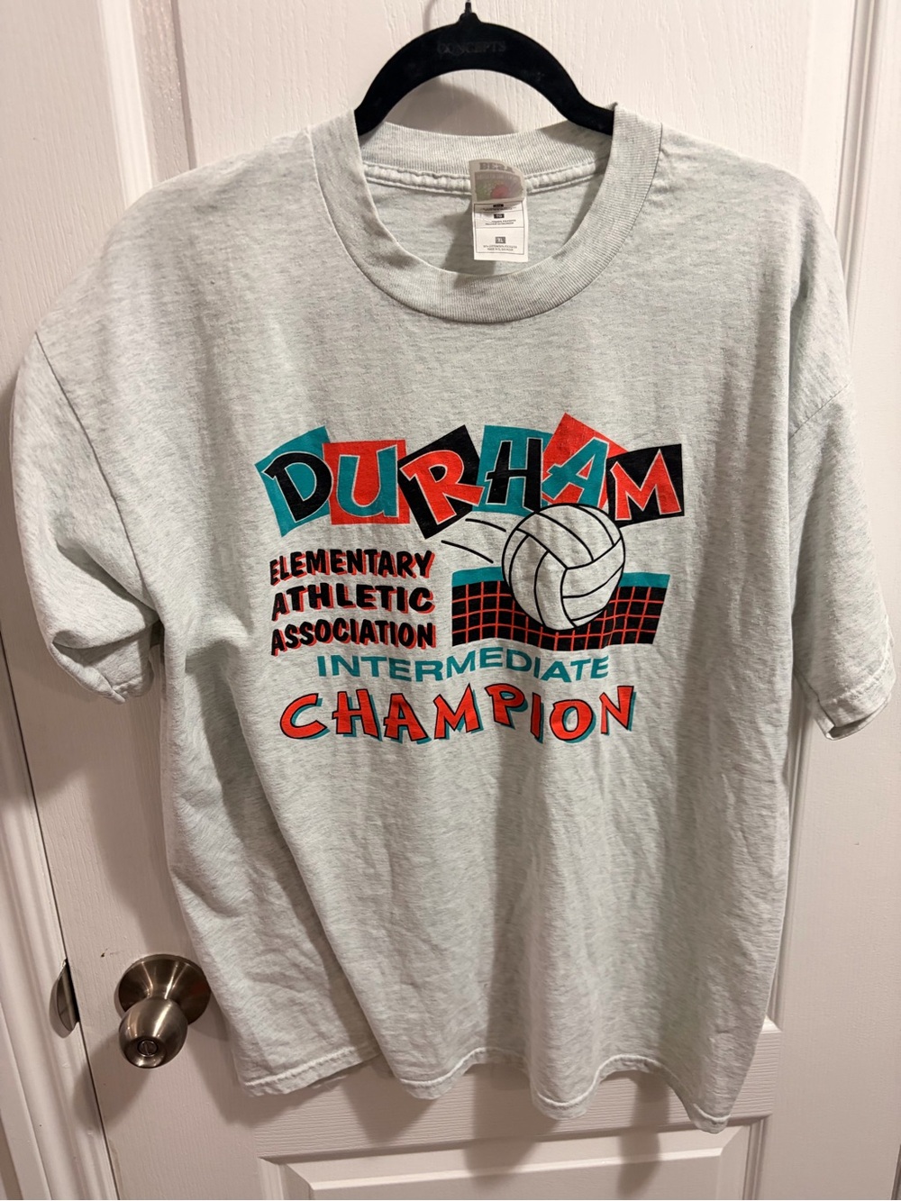 Fruit of the Loom Gray Volleyball Champion T-Shirt with vintage y2k Graphics